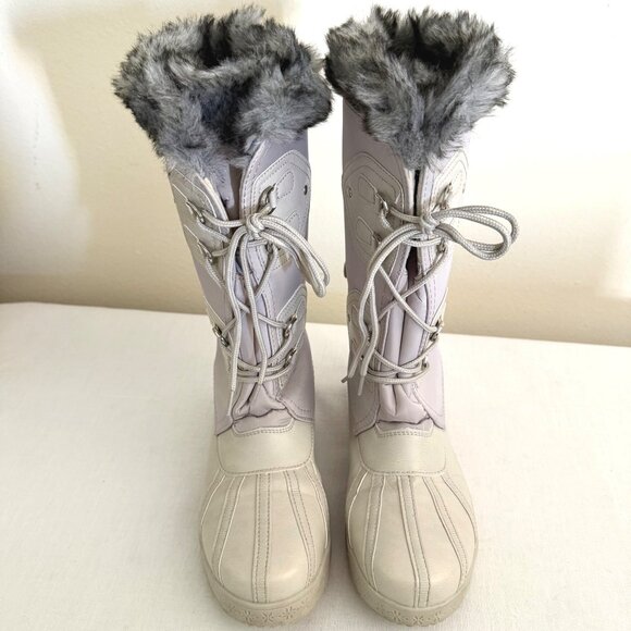 JustFab Marley Winter Boots Size 8 Lace Up Light Gray Faux Fur Trim - Picture 4 of 16
